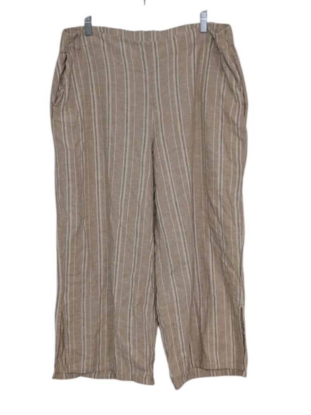J Jill Stripe Crop Pants Womens Size Large Beige Linen Rayon Wide Leg Split Hem